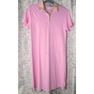 LANDS END Pink Shirt Dress Size Small Plaid Collar Preppy Cottagecore Golf